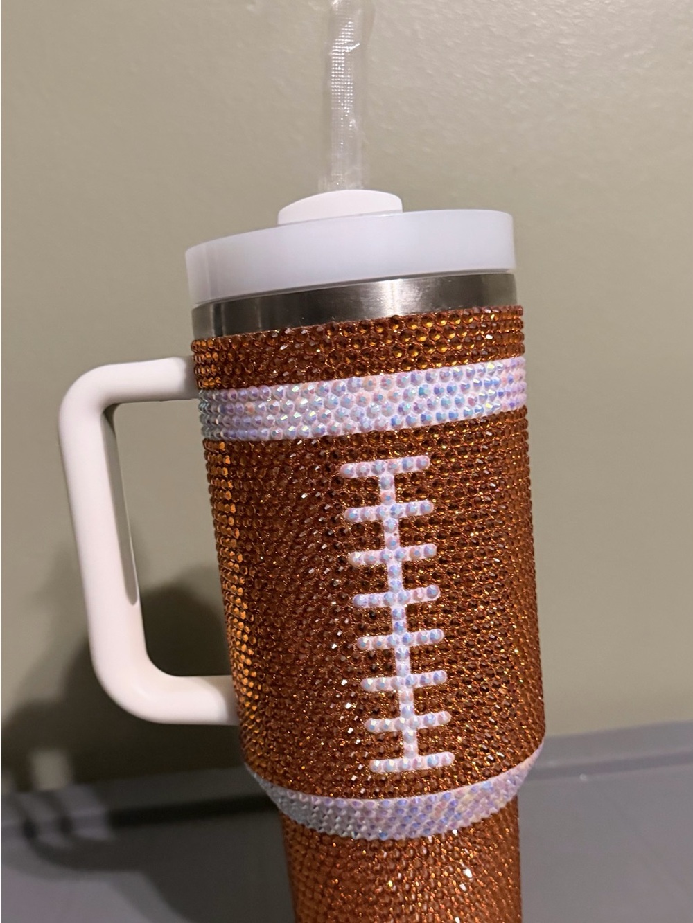 Embellished Football-Style Travel Tumbler with Handle - ORANGE ✨looks brown✨ - Picture 2 of 5